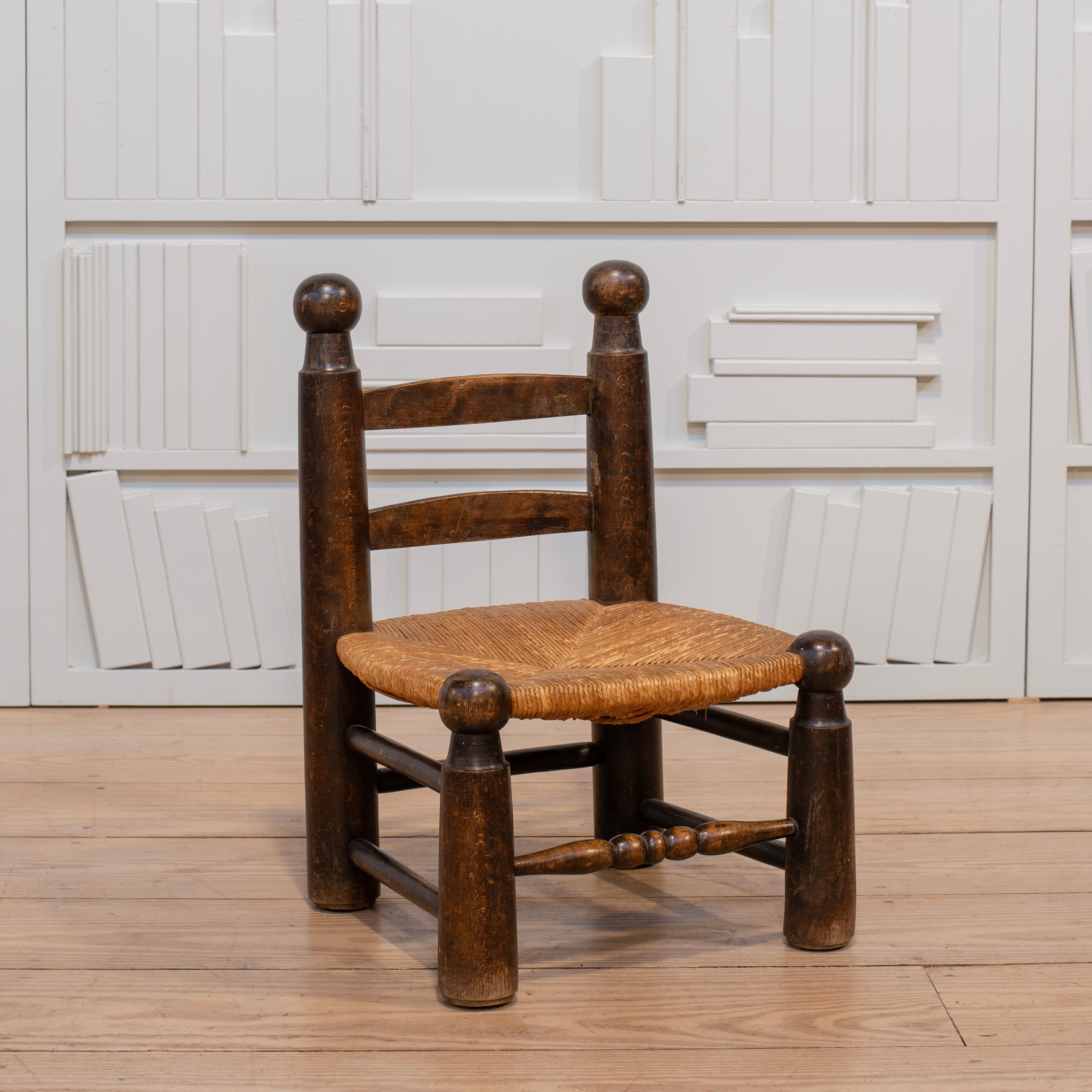Fireside Low Chair with Rush Seat attributed to Charles Dudouyt